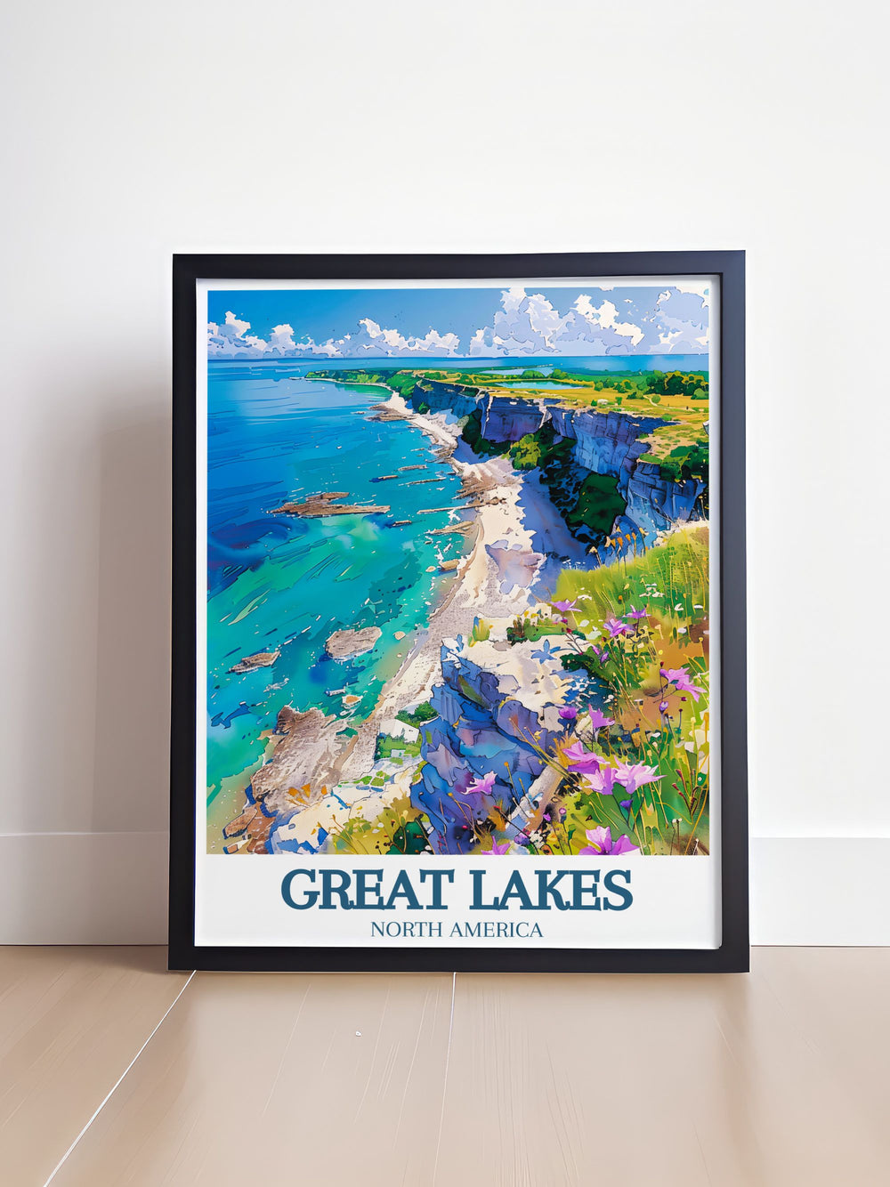 This detailed travel poster of Lake Erie illustrates its expansive waters and serene environment, making it an ideal piece for nature lovers looking to bring a touch of tranquility into their home.