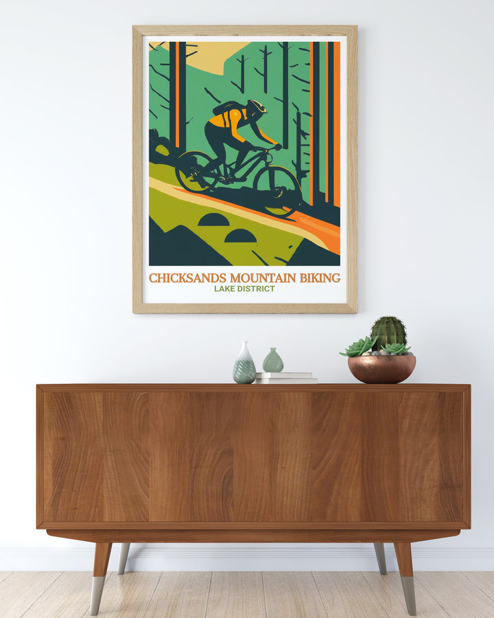 The bold colors and dynamic lines of this Chicksands bike park print bring the excitement of mountain biking to life, perfect for cyclists looking for a striking piece of wall art to inspire their next ride.