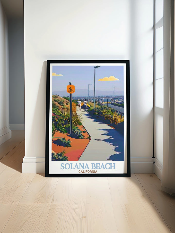 Solana Beach and the Coastal Rail Trail are highlighted in this travel poster, offering a scenic glimpse into one of Southern Californias most beloved beach towns. This artwork is perfect for those who want to bring the coast into their home decor.