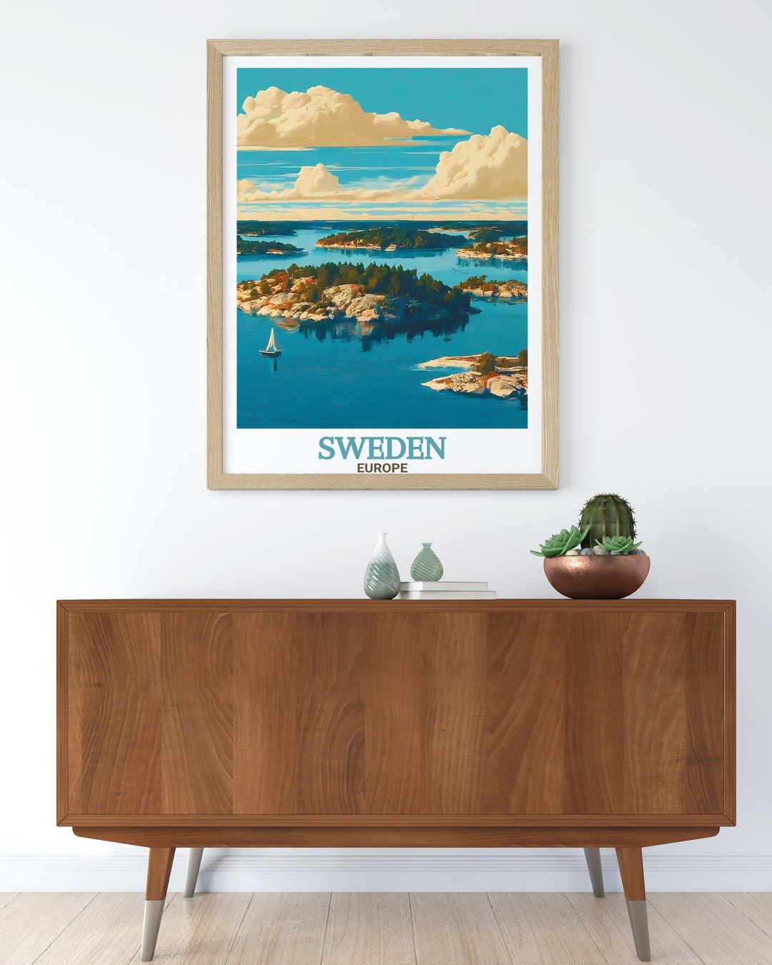 Stockholm Archipelago wall art featuring the lush islands and peaceful waters of Sweden. This modern artwork is perfect for living room decor bringing a sense of serenity and beauty to any space with its vivid colors and detailed design.