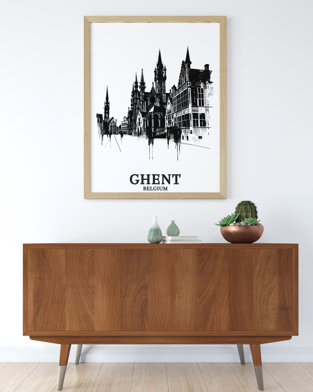 Elegant Belgium artwork of Markt square Cloth Hall Lakenhalle creates perfect wall decor for a stylish and cultured home