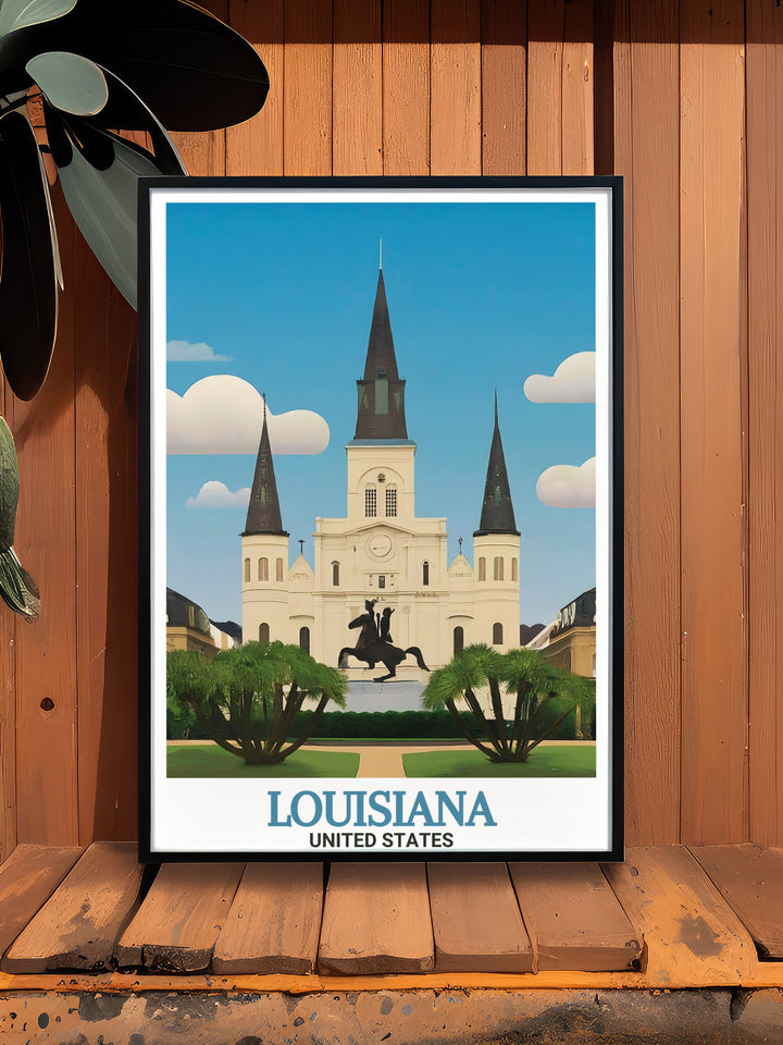 A vintage style travel poster of Louisiana featuring the renowned St. Louis Cathedral in New Orleans. This artwork showcases the historic architecture of the cathedral, set in the heart of the citys vibrant French Quarter, making it a great gift for those who love New Orleans.