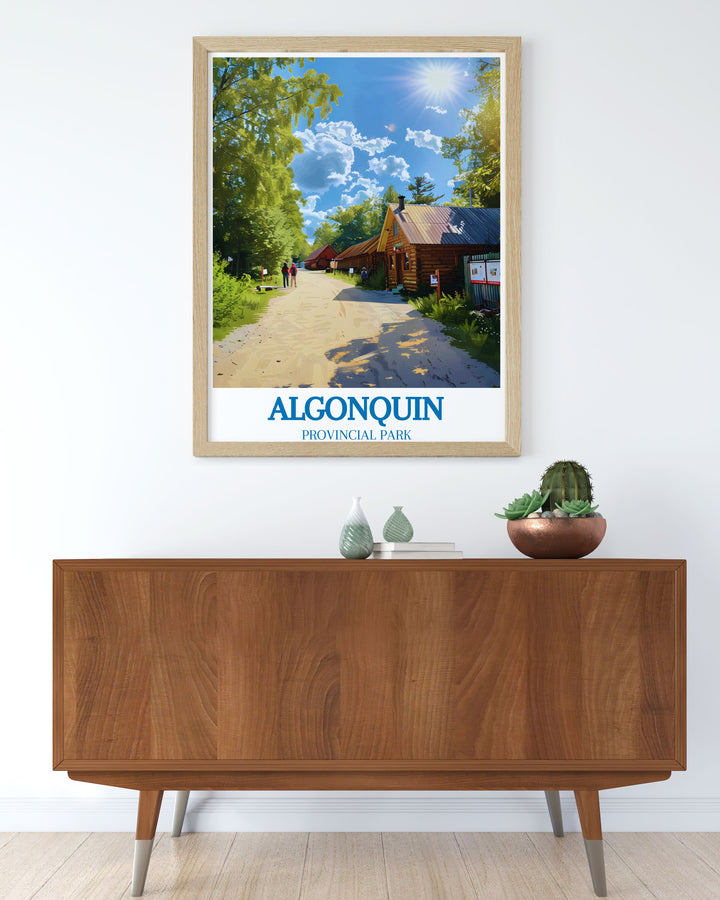 Capture the essence of Algonquin Provincial Park with this stunning travel poster of the Algonquin Logging Museum, perfect for adding a touch of Canadian history and natural beauty to your home decor.