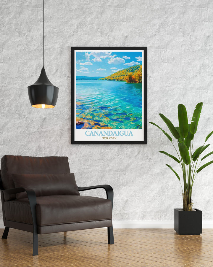 Poster of Canandaigua Lake capturing the essence of its serene landscapes and lush greenery. A beautiful addition to any room.