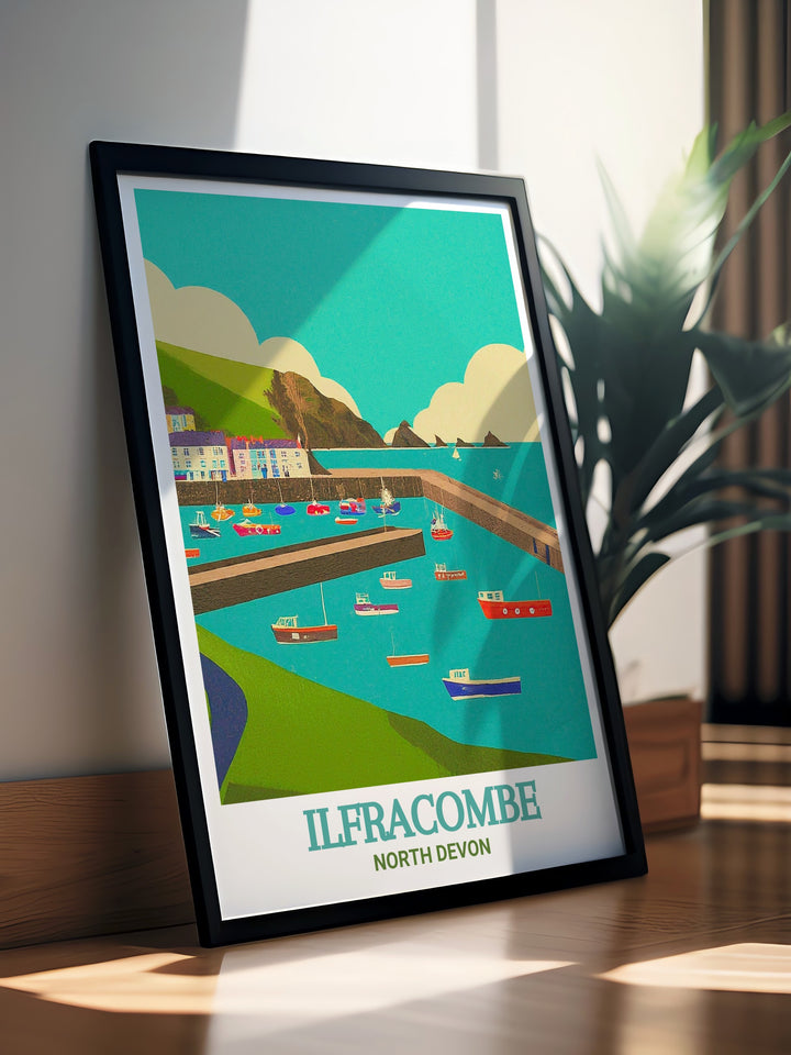 This Ilfracombe vintage poster brings a sense of nostalgia and charm to your decor, with its classic depiction of the towns harbor and coastal landscape. A must have for fans of vintage travel art.