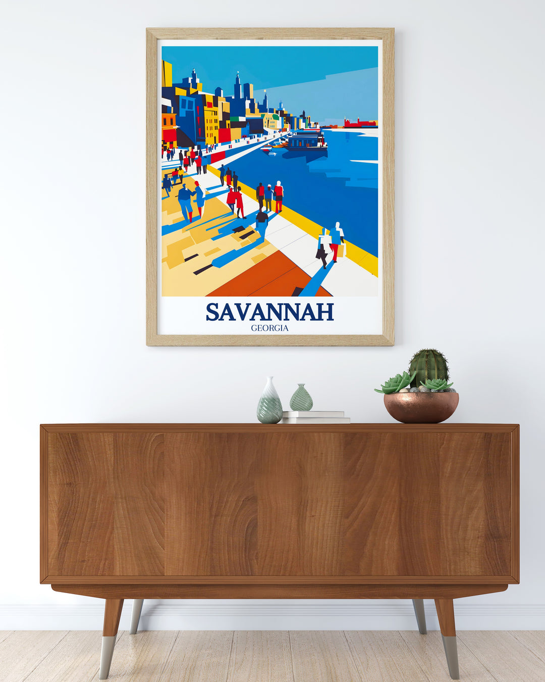 Captivating Savannah travel poster showcasing Forsyth Park and Savannah Historic District River Street perfect for wall decor bringing the historic beauty and vibrant energy of Savannah into your home