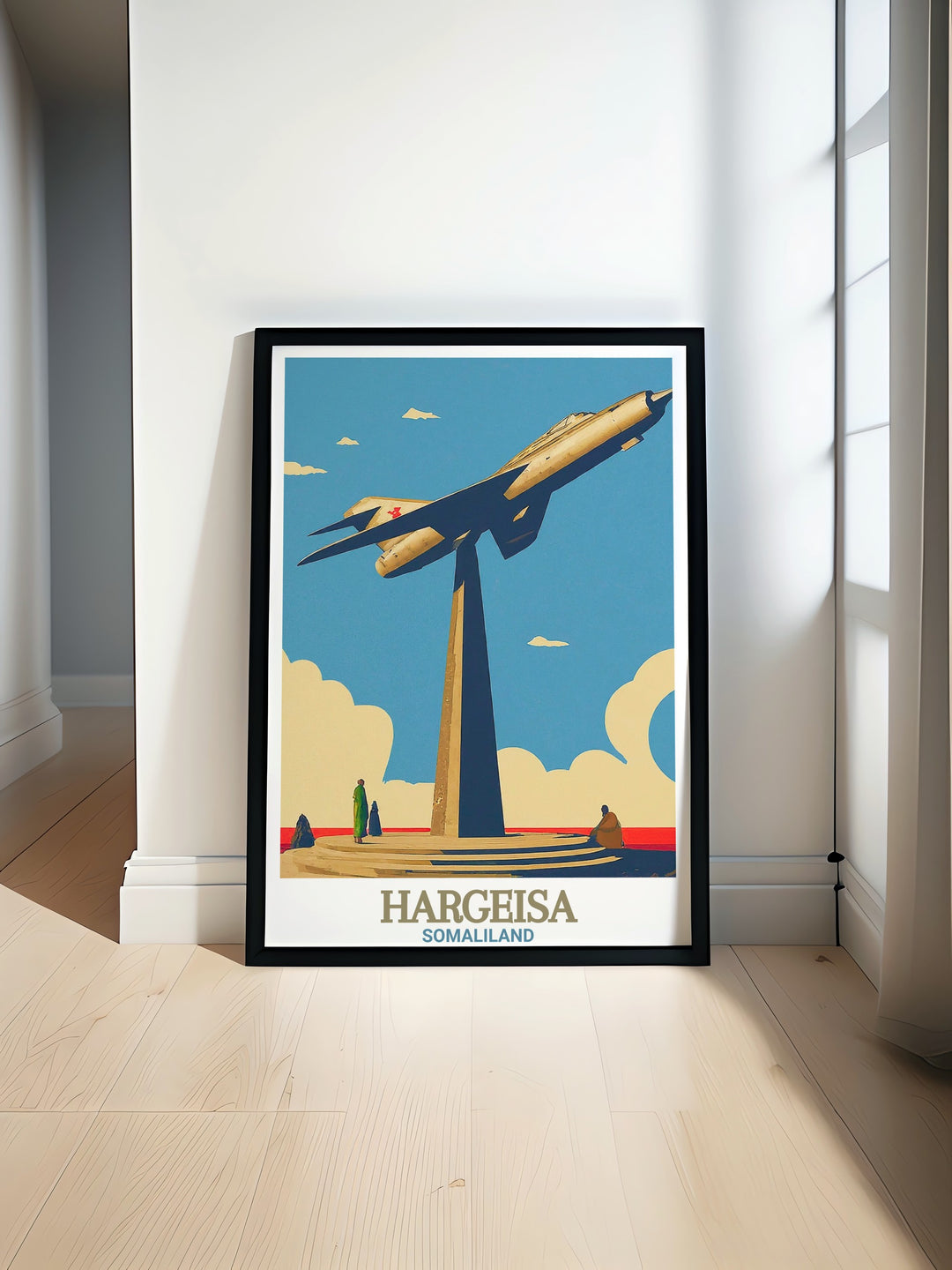 Our MIG Jet Monument print combines the vibrant skyline of Hargeisa with the historical significance of this famous landmark. This travel poster makes a unique and thoughtful addition to any home, especially for those with ties to Somaliland.