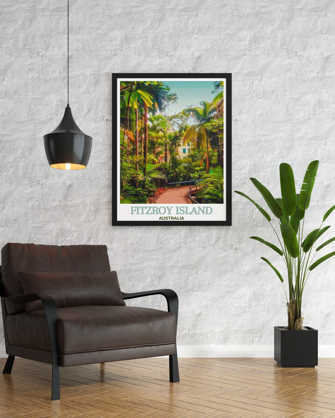 Secret Garden travel print highlights the peaceful walking trail hidden within Fitzroy Islands rainforests. This Australia canvas art captures the lush greenery and calm atmosphere, making it ideal for those seeking to add a touch of natures tranquility to their living space.