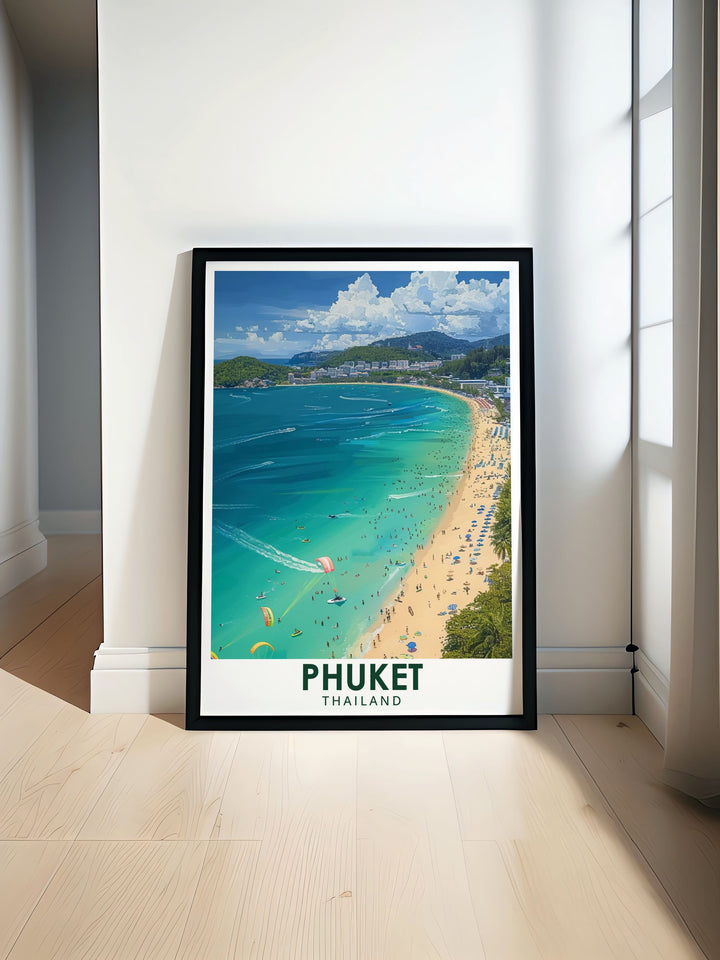 Thailand travel poster featuring vibrant colors of Patong Beach perfect for home decor showcasing the lively atmosphere and stunning coastline of this iconic destination ideal for Thailand travel enthusiasts and those who love Southeast Asia art