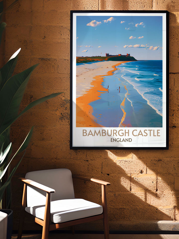 Bamburgh Beach decor showing the dynamic waves and fine sands with Bamburgh Castle looming majestically, enriching any home or office.