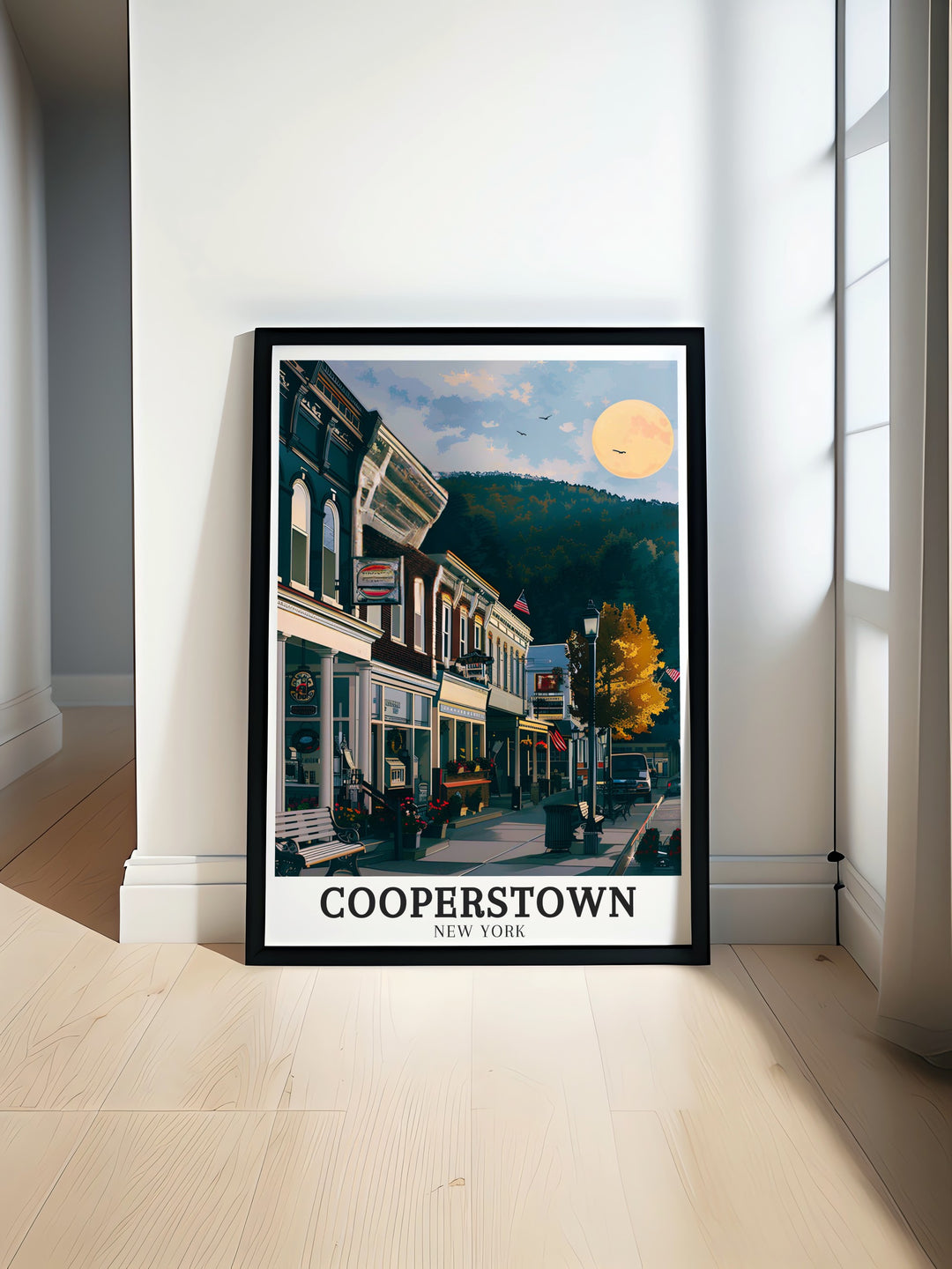 Main Street in Cooperstown is brought to life in this detailed travel print, showcasing the inviting storefronts and tree lined streets of this historic New York town. An ideal wall art piece for lovers of Cooperstown and New York State.