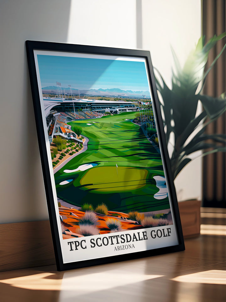 Stadium Course canvas art featuring the famous TPC Scottsdale golf course, with its lush greens and challenging design. The Sonoran Deserts rugged landscape provides a dramatic backdrop, making this a must have piece for any golf fans collection.