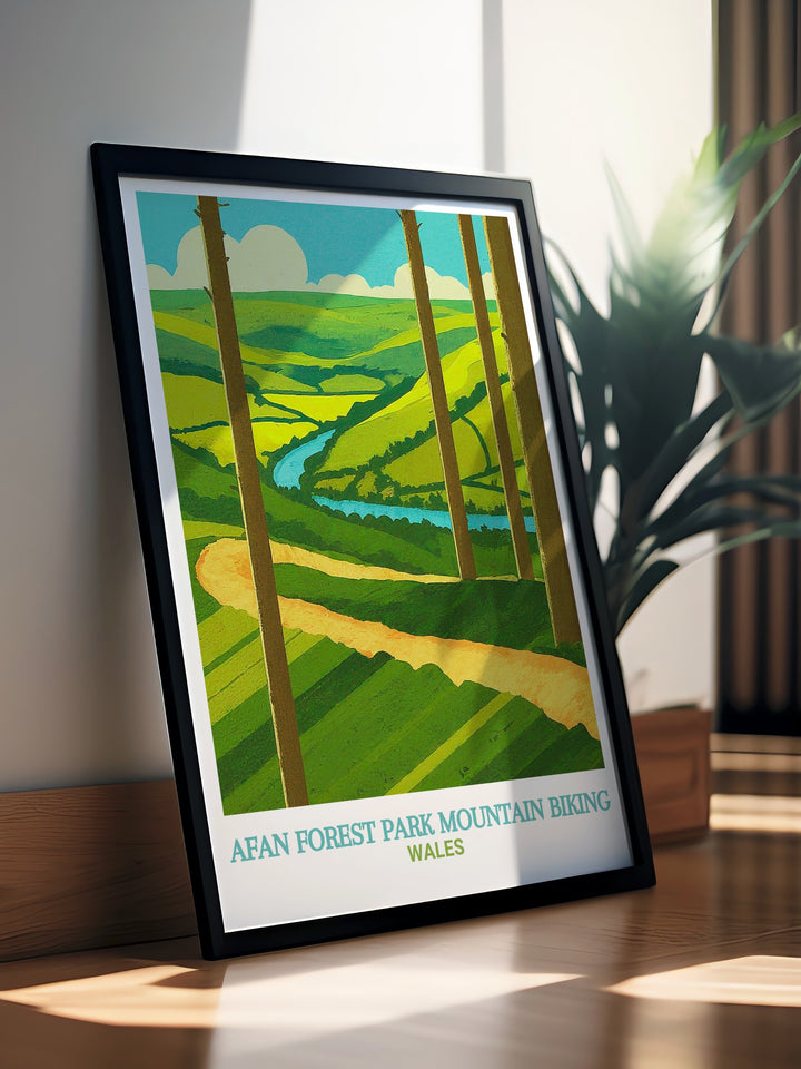 Afan Forest Canvas Art depicting the famous MTB trails of South Wales. This artwork highlights the deep forests and challenging terrain of the Penhydd Trail, making it a great addition to any home or office for those who love outdoor adventures.