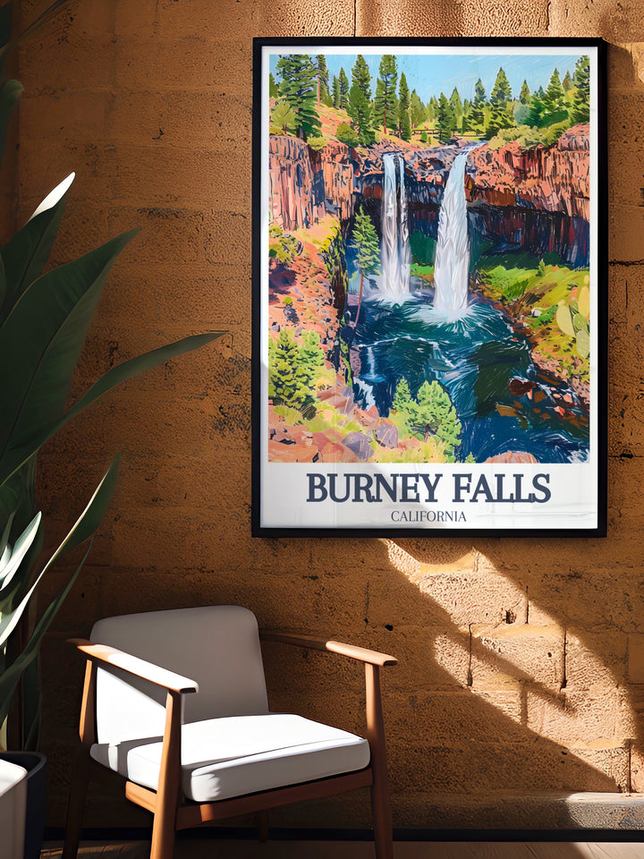 Add the captivating beauty of Burney Falls Pacific Crest Trail to your home with this stunning art print a great choice for California decor lovers seeking to bring the outdoors inside and a thoughtful gift for nature enthusiasts.