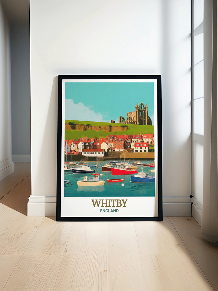 Whitby Abbey and Harbour poster, showcasing the blend of gothic architecture and the bustling harbour life of this seaside town. This travel print is a must have for those who are fascinated by the rich history and scenic beauty of Yorkshires coast.