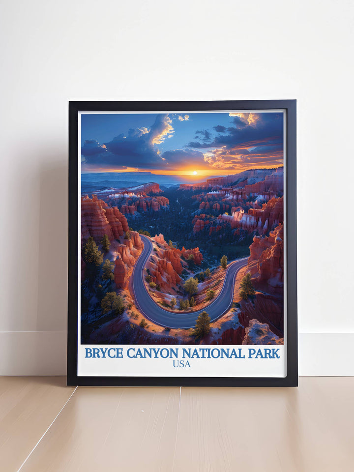 Stunning Bryce Canyon poster capturing the iconic landscapes of Sunset Point. Ideal for nature enthusiasts looking to bring the outdoors inside. High quality print designed to last with vibrant colors and intricate details.