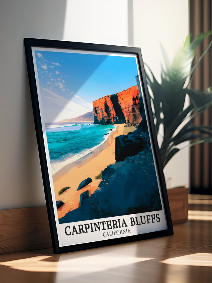 This California art print features the Santa Barbara South Coast and Santa Barbara Channel alongside Carpinteria Bluffs making it an ideal choice for those who love California travel and want to bring a piece of the states natural beauty into their decor