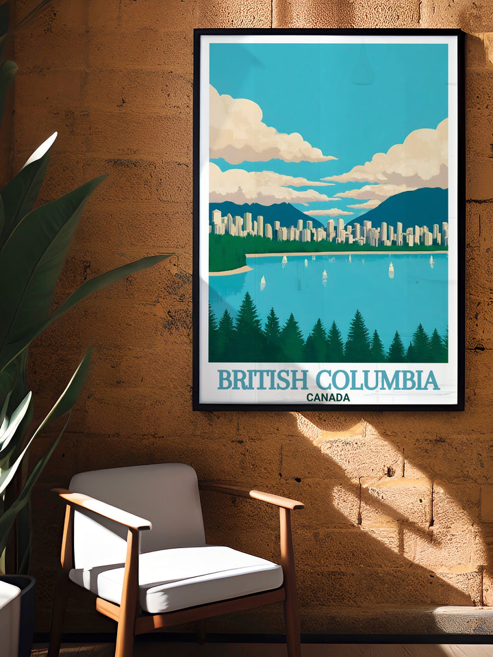 This Stanley Park travel poster brings the iconic beauty of British Columbia into your home. With its vibrant colors and detailed design, this poster print makes a perfect gift for travelers and nature lovers.