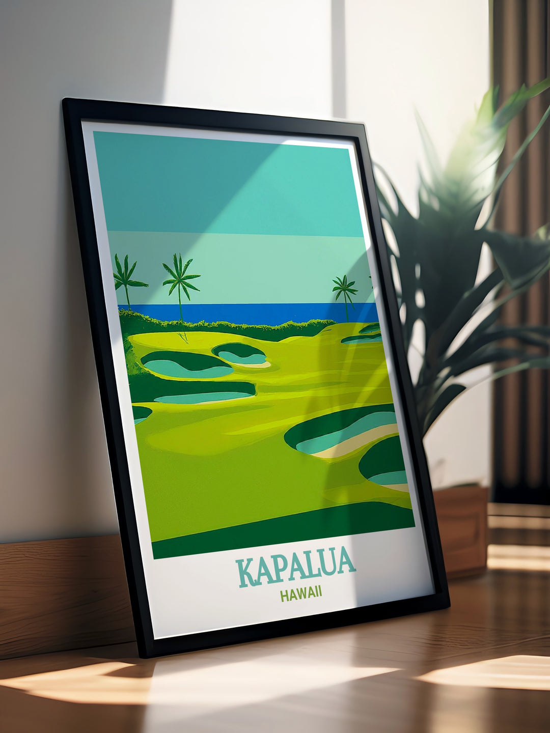 The Plantation Course wall art combined with the lush greens of Kapalua golf course creates a serene and vibrant artwork perfect for modern home decor this travel poster print captures the natural beauty of Hawaii ideal for art collectors and those seeking personalized gifts