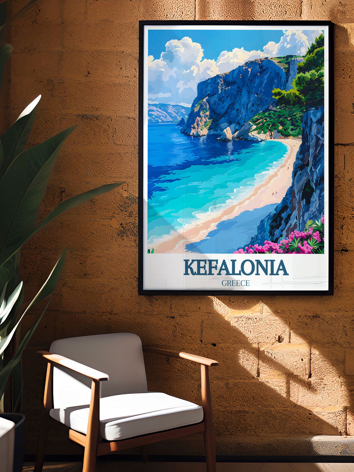 An elegant art print featuring Myrtos Beach, emphasizing its serene beauty and iconic status. The colorful illustration brings the beachs unique landscapes and tranquil waters to life.