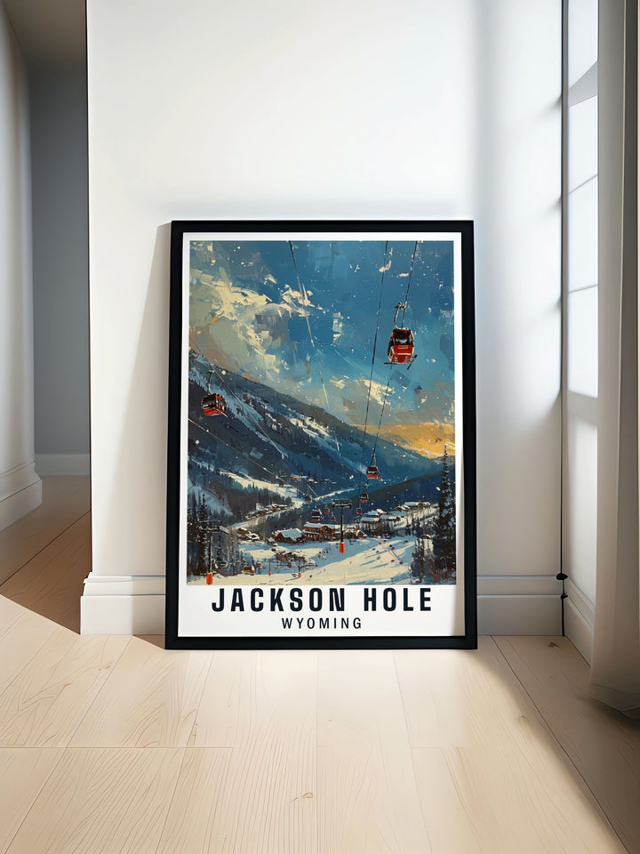 Bring the spirit of Jackson Hole into your home with this beautiful canvas art. Featuring the Mountain Resort and Wyomings breathtaking landscapes, this travel print is perfect for those who appreciate adventure and the outdoors. Ideal for framing or gifting.