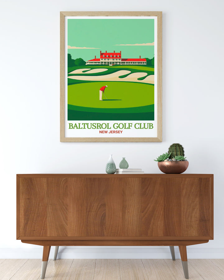 Baltusrol Club Canvas Art displaying the pristine fairways and strategic bunkers of this renowned golf course. This travel poster brings the essence of Baltusrol Golf Club into your living space, offering a timeless tribute to one of Americas greatest golf landmarks.