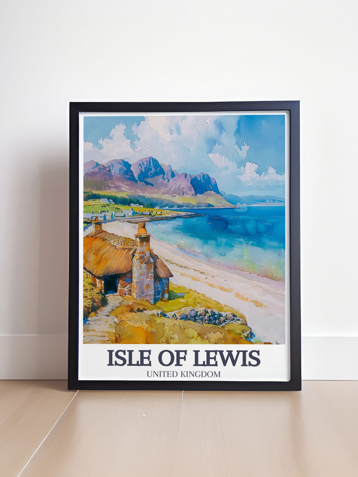 This vintage poster of Gearrannan Blackhouse Village pays tribute to its historical significance and timeless beauty. The classic design and striking colors evoke a sense of nostalgia, ideal for those who appreciate Scotlands rich heritage.