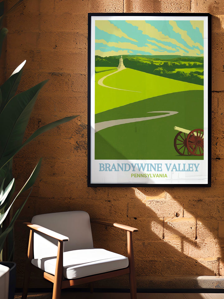 This art print beautifully captures the serene landscapes of Brandywine Battlefield Park, where the American Revolution left its mark, alongside the vibrant countryside of Brandywine Valley, offering a perfect blend of history and nature for your home decor.