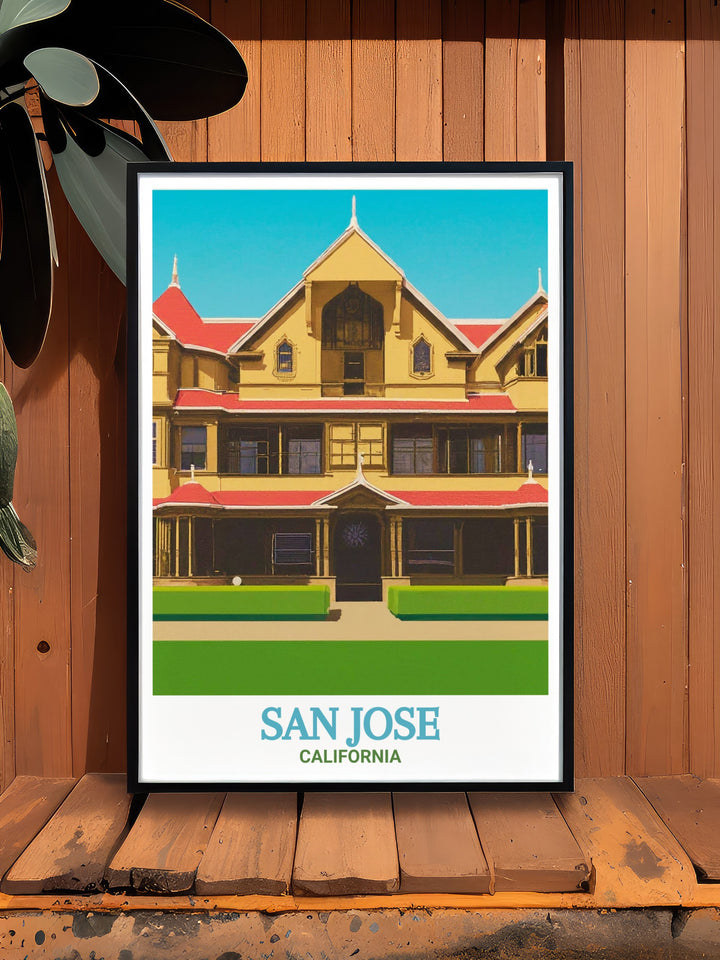 Vintage style poster of the Winchester Mystery House, combining the mansions historical significance with a touch of classic design. Ideal for lovers of Californias most enigmatic landmarks.