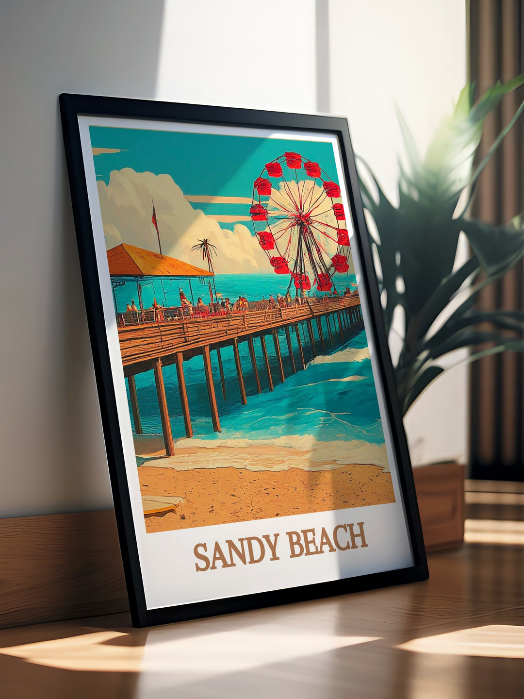 Vivid Sandy Beach Pier Poster Print offering a burst of color and detailed seaside visuals ideal for enhancing your space with its elegant and captivating design showcasing the beauty of the pier