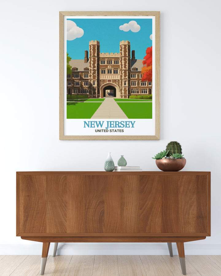 New Jersey Princeton University art print highlighting the iconic campus and lush green spaces. Ideal for adding a touch of the Garden State to your decor. The detailed illustration and vibrant colors bring out the universitys serene beauty.