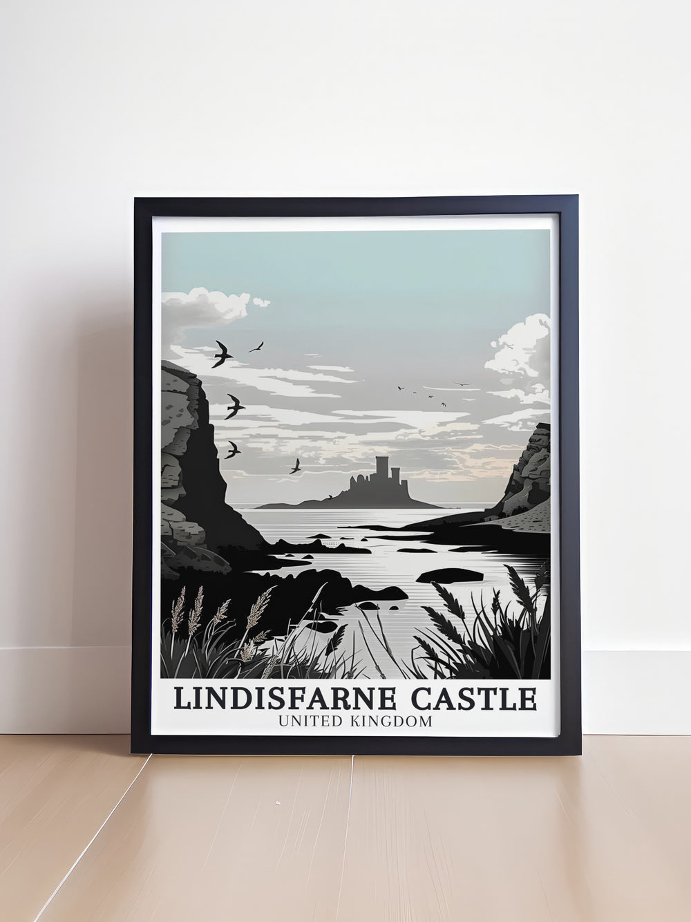 Holy Island Travel Print featuring the dramatic silhouette of Lindisfarne Castle against the expansive North Sea. This vibrant artwork brings the essence of Northumberlands coastal heritage into your space, ideal for history enthusiasts and lovers of coastal scenery.