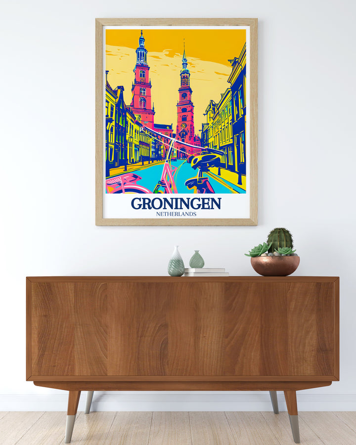 Martini Tower wall art showcasing the picturesque view of Groningens skyline, featuring the historic Martini Tower, Aa Church, and University of Groningen. This print captures the tranquility and academic atmosphere of one of the Netherlands most beloved cities, making it a perfect addition to any decor.