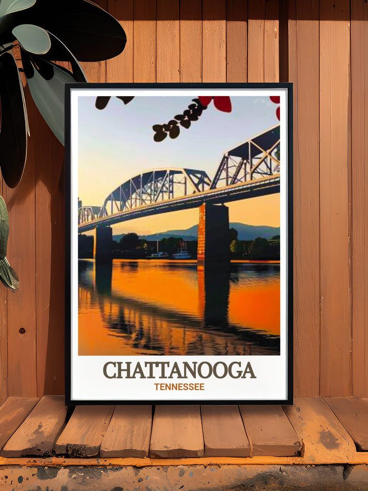 Elegant Walnut Street Bridge Chattanooga Art Print rendered in black and white with fine line details of the bridge and city map this matted art piece is ideal for those seeking stylish and meaningful wall decor