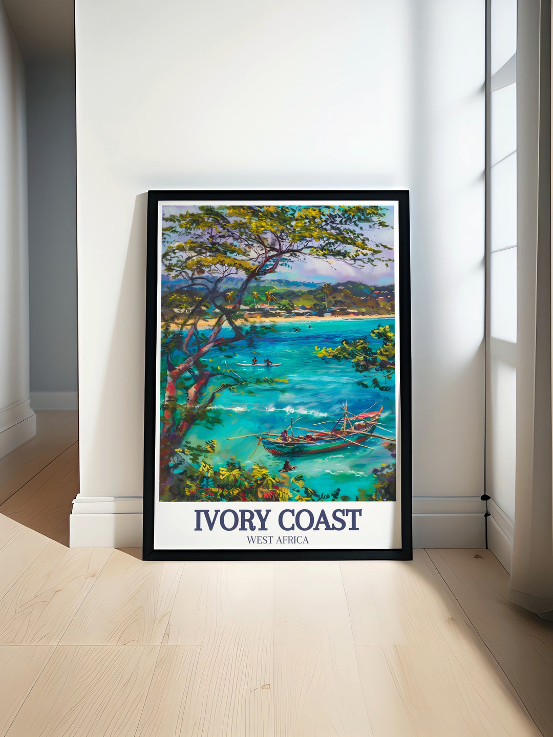 A tribute to Ivory Coasts stunning coastal landmarks, this travel poster showcases the natural beauty of Assinie Mafia Lagoon and Grand Bassam Beach. With its vintage design, this print is a unique way to add a tropical vibe to your living space.