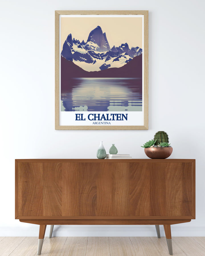 Celebrate the breathtaking beauty of El Chaltén with this vibrant Argentina Travel Poster. It showcases the magnificent peaks of Mount Fitz Roy and the serene Laguna de los Tres, ideal for any nature lovers wall.