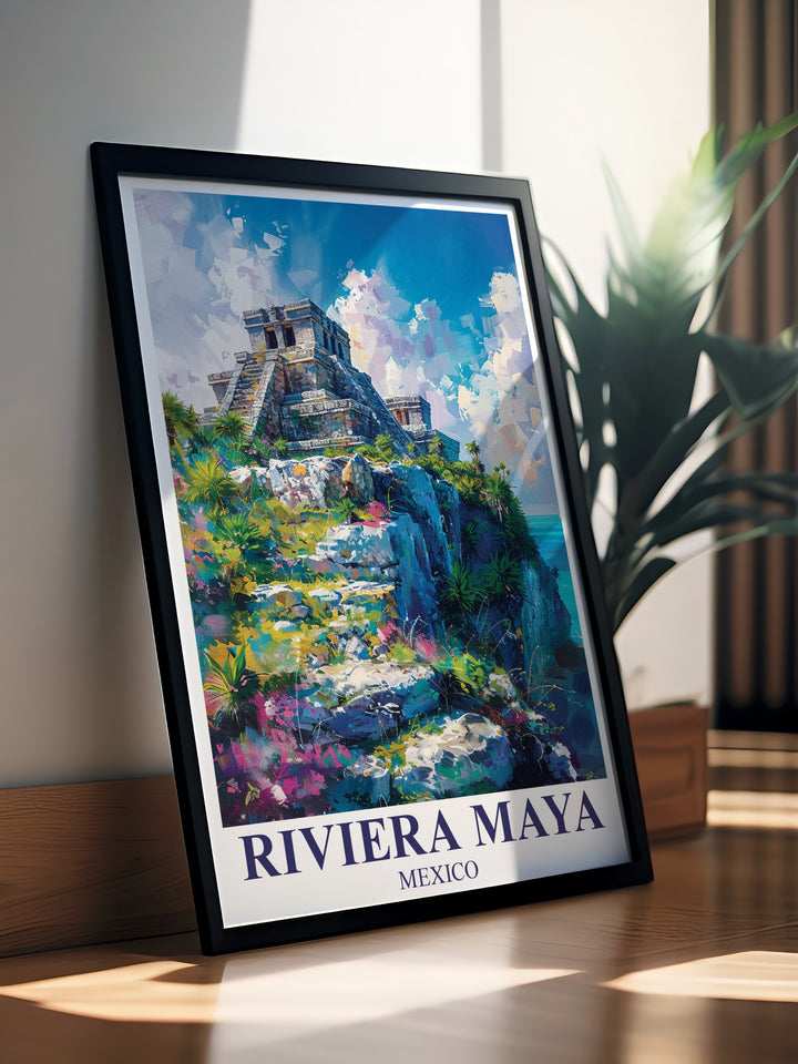 Our Riviera Maya art print captures the iconic Tulum ruins, offering a stunning view of Mexicos historical architecture and natural beauty. A beautiful gift for those who love travel, history, and tropical destinations.