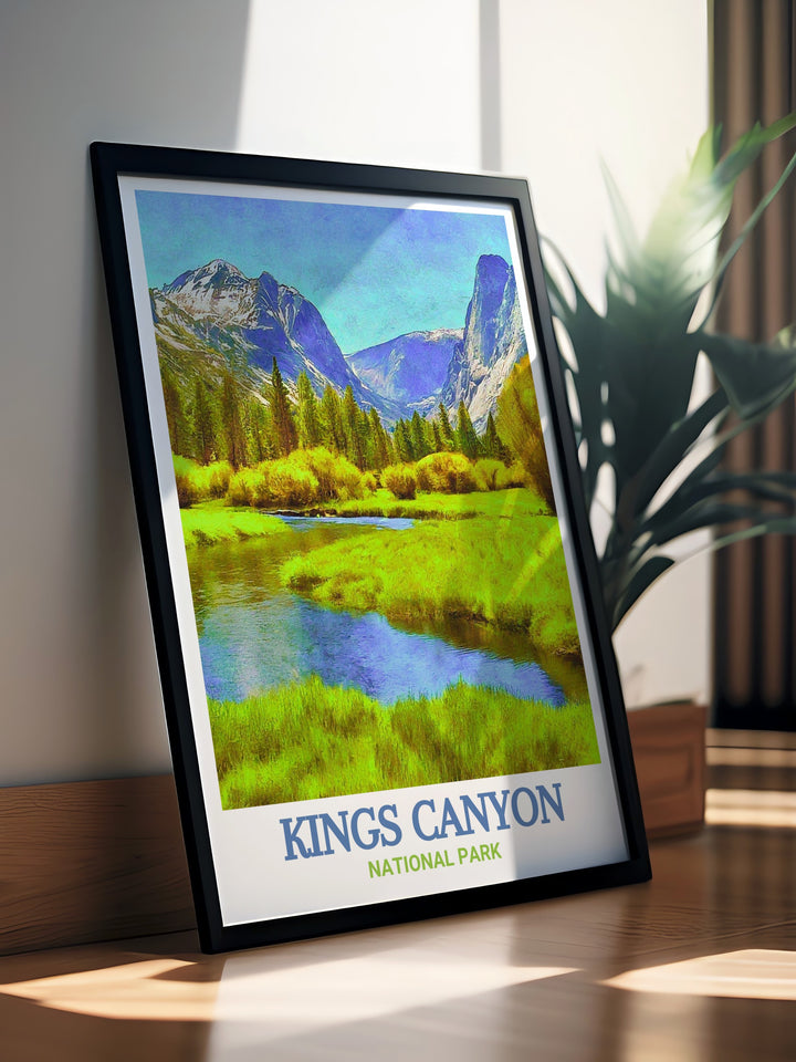 Zumwalt Meadow travel print showcasing the lush meadows and majestic peaks of Kings Canyon National Park. This canvas art offers a beautiful depiction of one of the parks most tranquil spots, making it a wonderful addition to any living space.