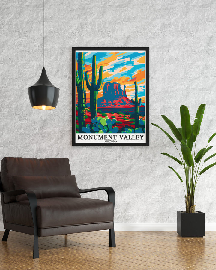 Merrick Butte and Saguaro Cactus artwork captures the rugged charm of Monument Valley and the surrounding Arizona desert offering stunning wall art for nature lovers and travelers who want to bring a piece of the Southwest into their homes.