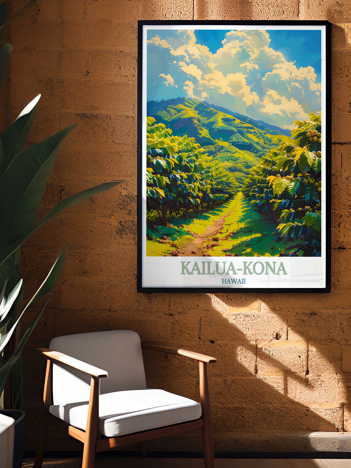 An art print of Kona Coffee Farms, highlighting the blend of natural beauty and historical importance. The fine line design emphasizes the cultural significance of Kona coffee plantations.