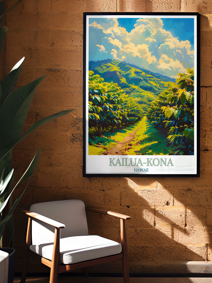 This Kailua Kona travel print highlights the scenic beauty of Hawaiis Kona Coffee Farms. Ideal for coffee lovers and nature enthusiasts, this wall art captures the essence of Hawaiis tropical charm in stunning detail.