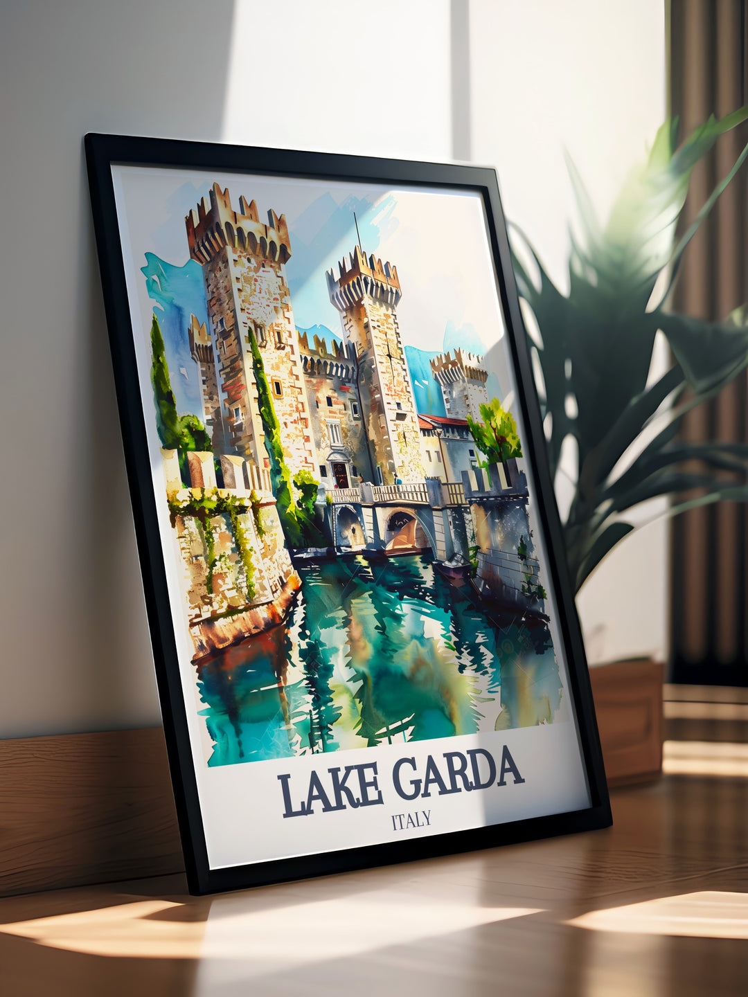 Lake Garda art print showcasing Scaliger Castle and Isola del Garda perfect for anyone looking to add elegant Italy wall decor. A thoughtful Italy travel gift for birthdays anniversaries or simply enhancing your living room decor with a touch of Italian charm.