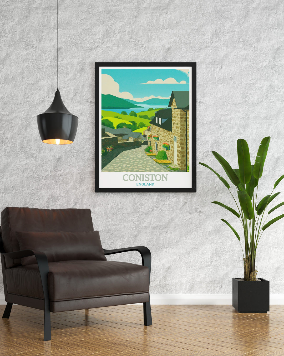 A detailed art print of Coniston Village, showcasing the serene landscape of the Lake District with Coniston Water and the surrounding hills, perfect for adding a touch of nature inspired decor to your home.