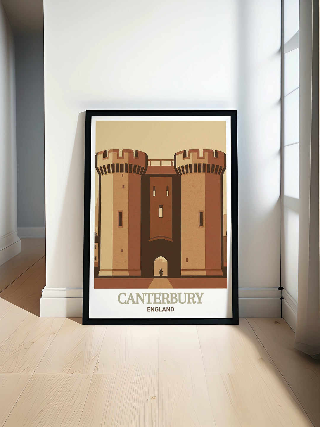 Discover the rich history of Canterbury with this detailed art print featuring the iconic Westgate Towers and the surrounding architecture. This wall art is perfect for adding a touch of British heritage to your home, celebrating the beauty of Kents historic landmarks.