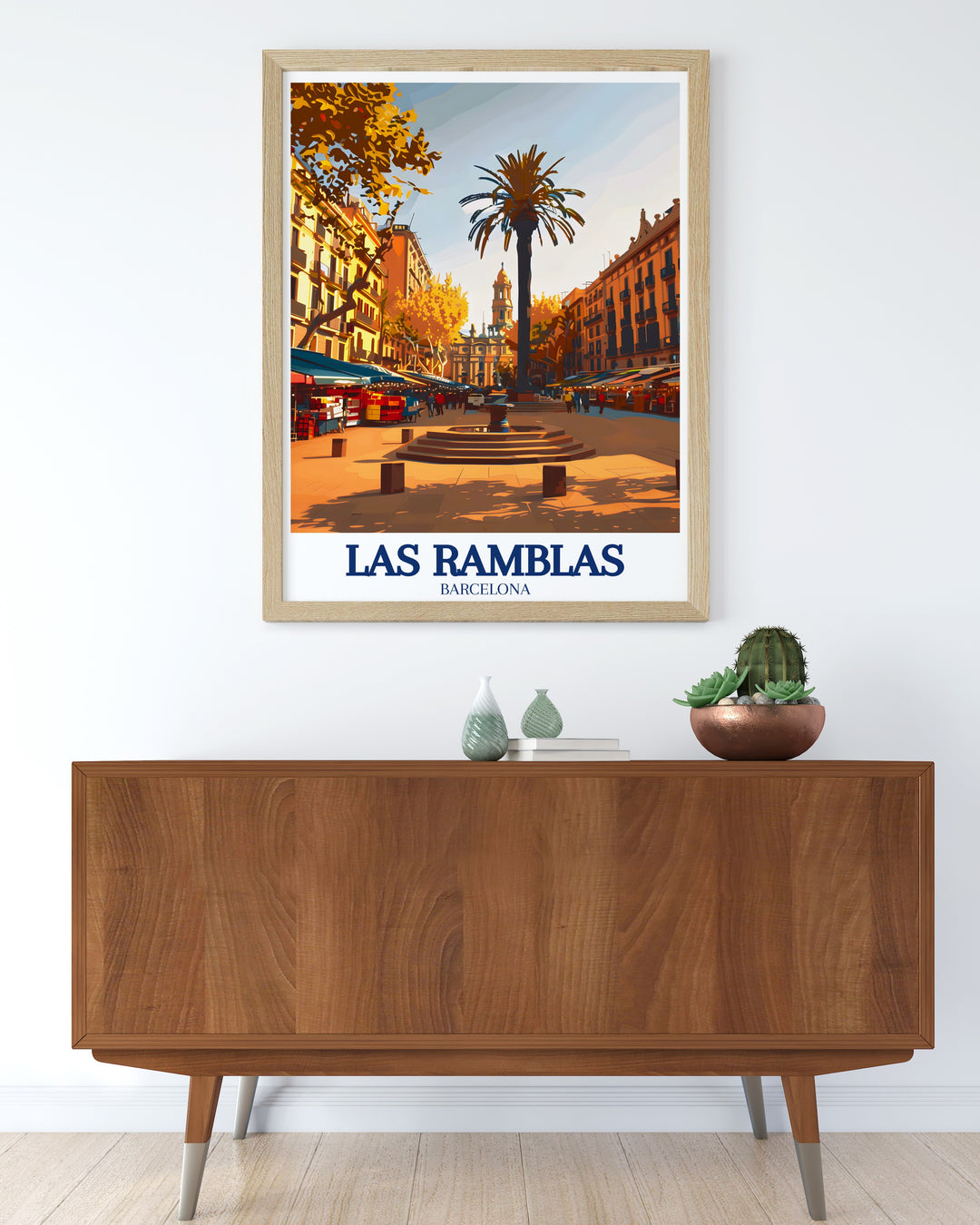 Vibrant Spain travel print of Las Ramblas, featuring a detailed depiction of the bustling streets, lively market scenes, and cultural atmosphere. This art print is perfect for home decor and travel enthusiasts, offering a vivid reminder of the charm and energy that defines Barcelonas most famous street.