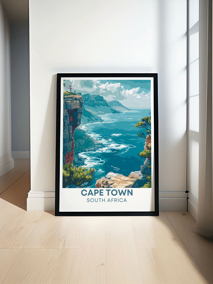 The picturesque scenery of Cape Town with Table Mountain and Cape Point as focal points is featured in this vibrant travel poster, perfect for adding South Africas unique charm to your home.