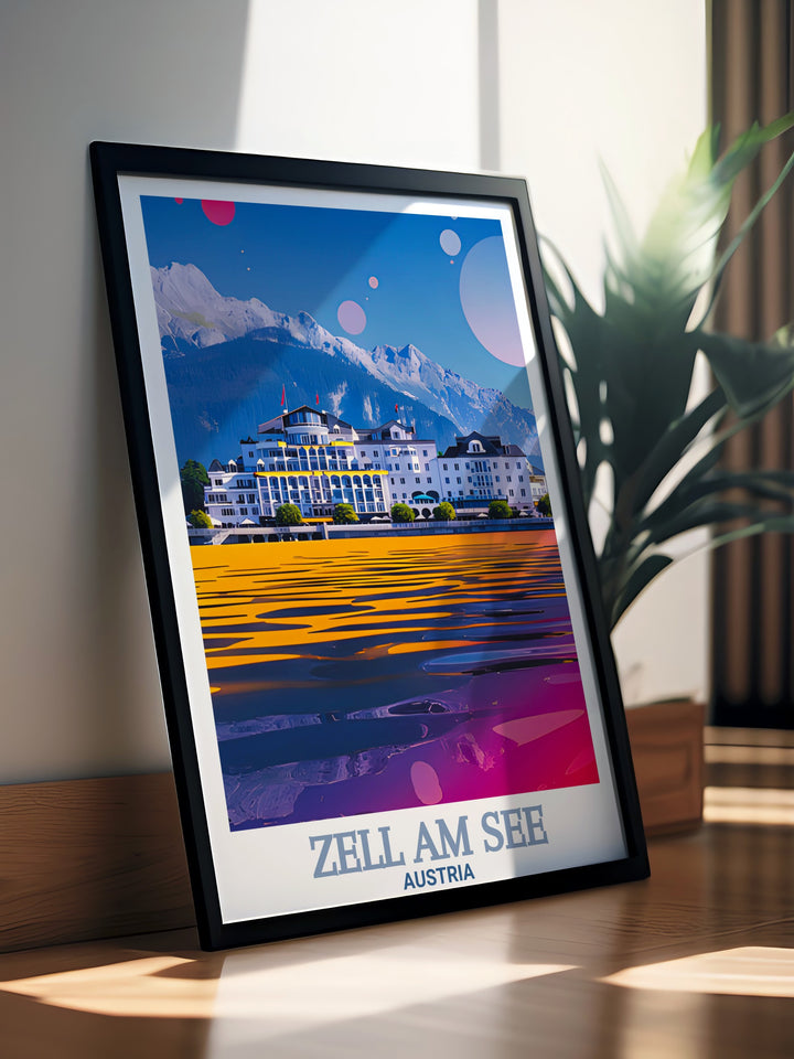 Retro ski poster of Grand Hotel Zell am See designed to bring nostalgic charm and stylish flair to your home decor with a classic alpine theme