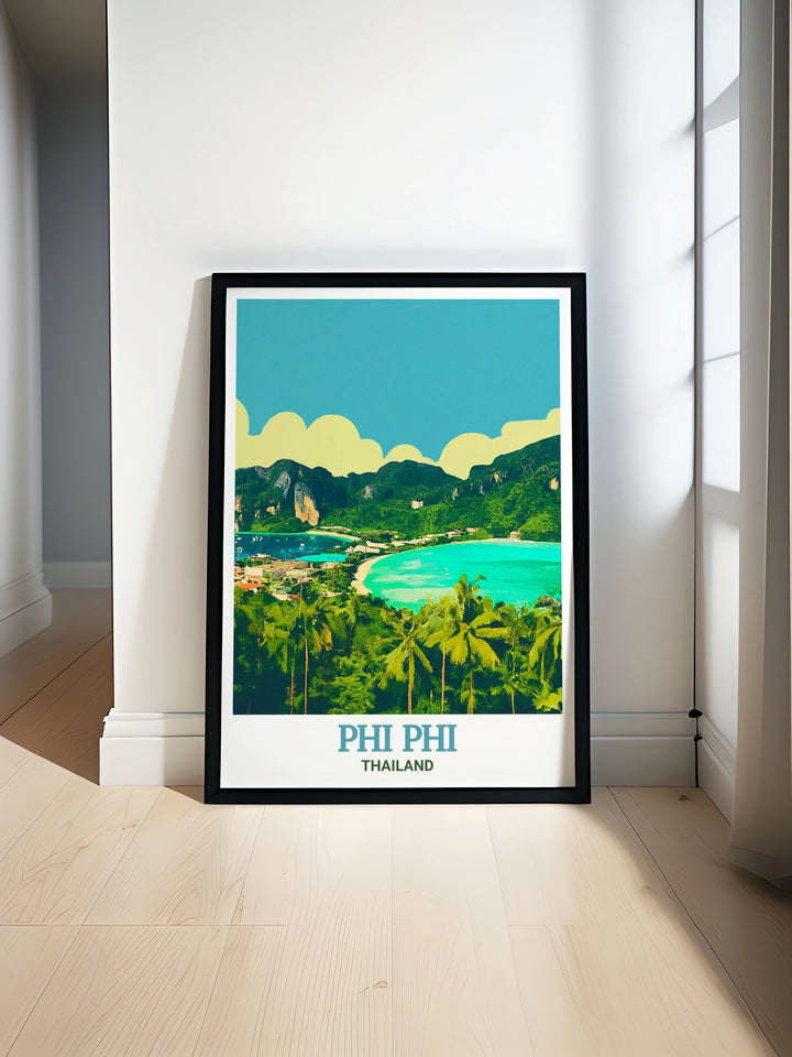 Phi Phi art print capturing the majestic view from the Phi Phi Viewpoint, showcasing the tranquil waters, tropical greenery, and towering cliffs of the Phi Phi Islands. This home print is perfect for enhancing any room with a touch of Thai serenity and adventure.