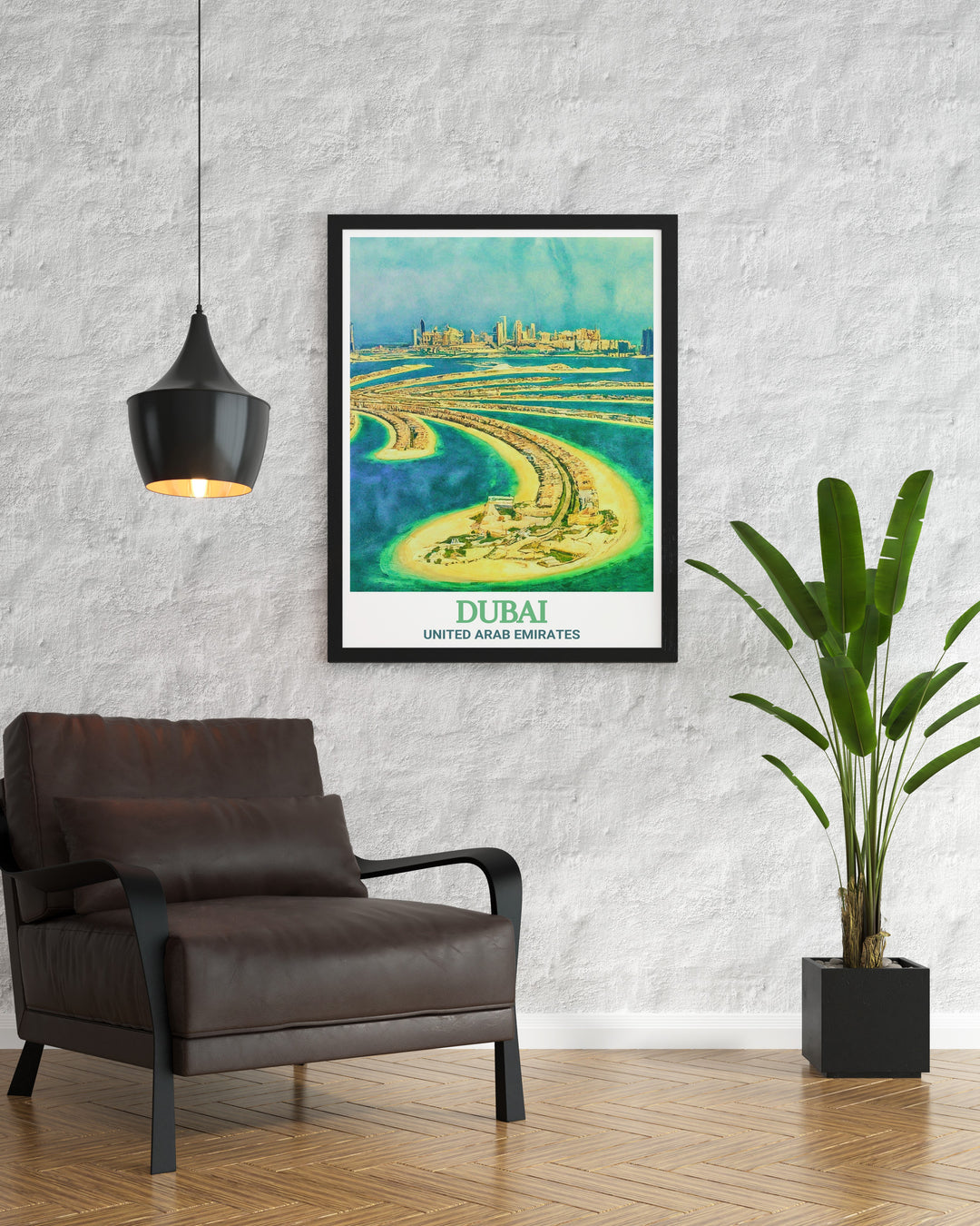 Dubai travel print featuring Palm Jumeirah and the citys iconic skyline in a black and white fine line print perfect for those who love modern city art and want to bring a piece of Dubai into their home