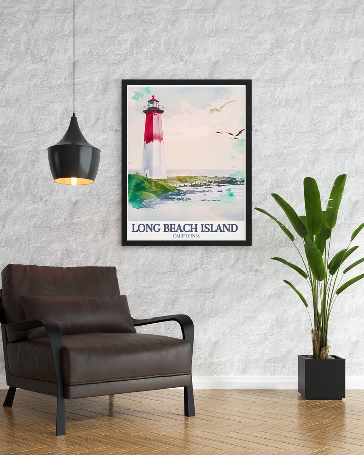 This Long Beach Island art print features the iconic Barnegat Lighthouse in a striking black and white design. Perfect for home décor or as a travel gift, this poster adds a touch of coastal charm and history to any living space.